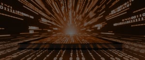 A smartphone on a dark background with binary data streams and streaks of light converging on a central point of light, symbolizing fast data processing in managed services for energy companies