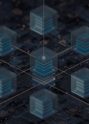 Abstract 3D graphic of a network of interconnected nodes with a centrally highlighted node, symbolizing network management in the energy sector