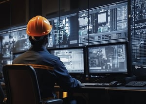 A technician wearing a hard hat monitors network and system data on multiple screens in the control room